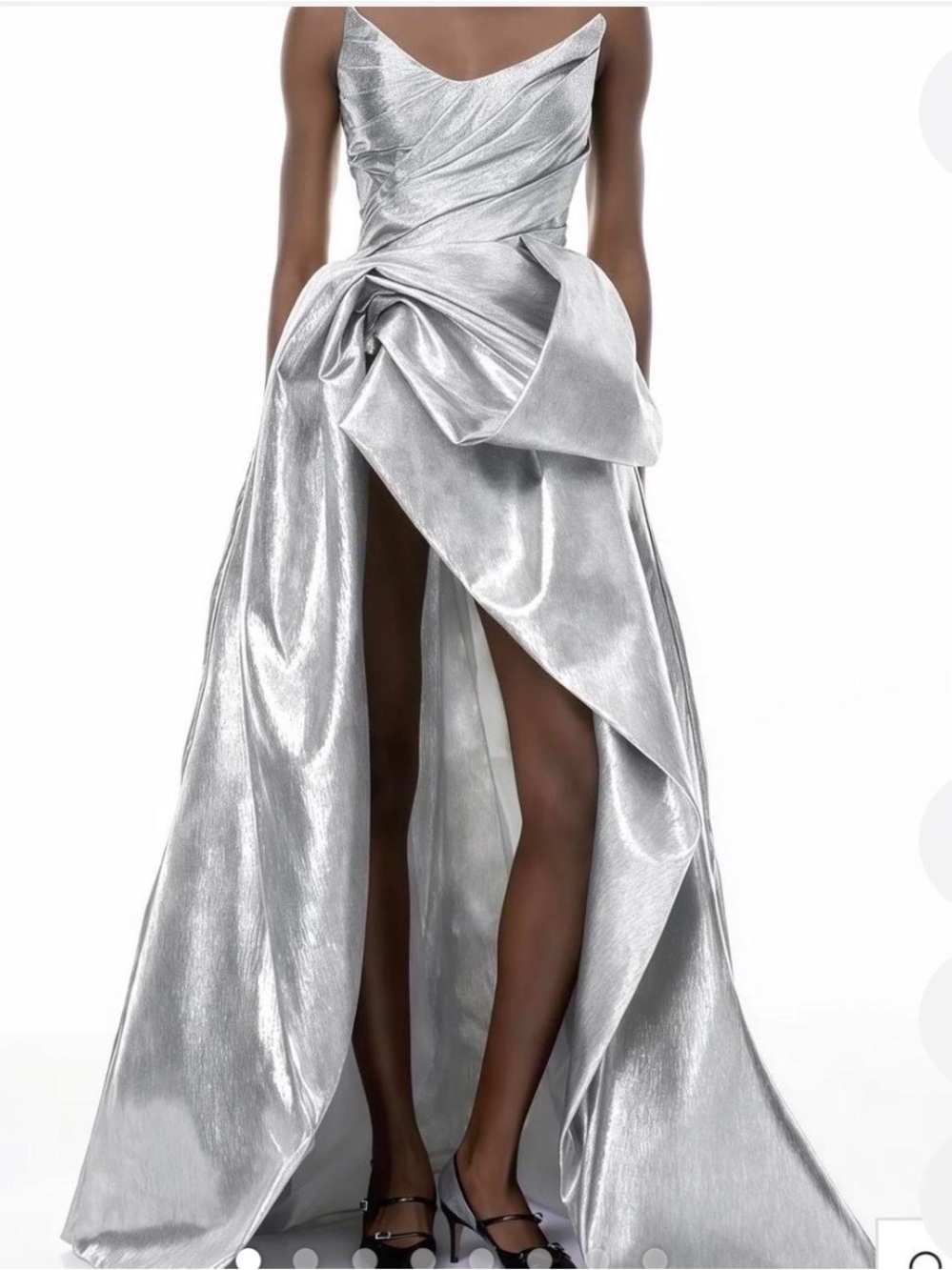 Rosier Silver Draped Satin Evening Gown - Elegant High-Slit Formal Dress